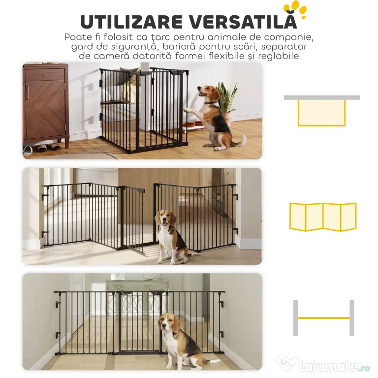 PawHut Poartă pentru Câini de Talie Mică și Medie, Țarc Pliabil cu Structură Modulară cu 5 Panouri, 300x3x74.5 cm, Negru | Aosom Romania