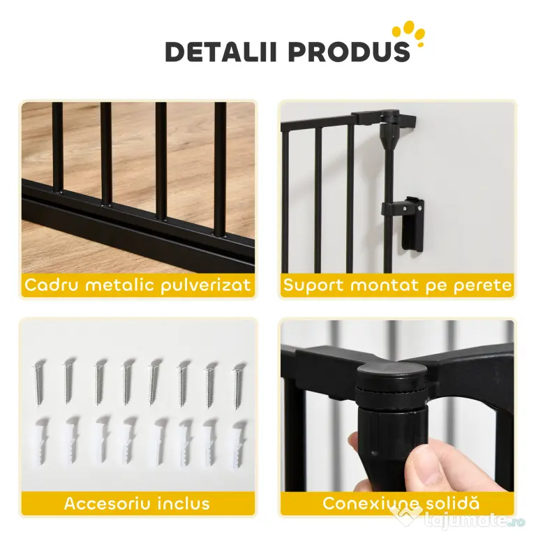 PawHut Poartă pentru Câini de Talie Mică și Medie, Țarc Pliabil cu Structură Modulară cu 5 Panouri, 300x3x74.5 cm, Negru | Aosom Romania
