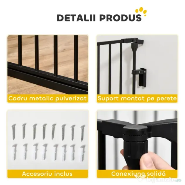 PawHut Poartă pentru Câini de Talie Mică și Medie, Țarc Pliabil cu Structură Modulară cu 5 Panouri, 300x3x74.5 cm, Negru | Aosom Romania