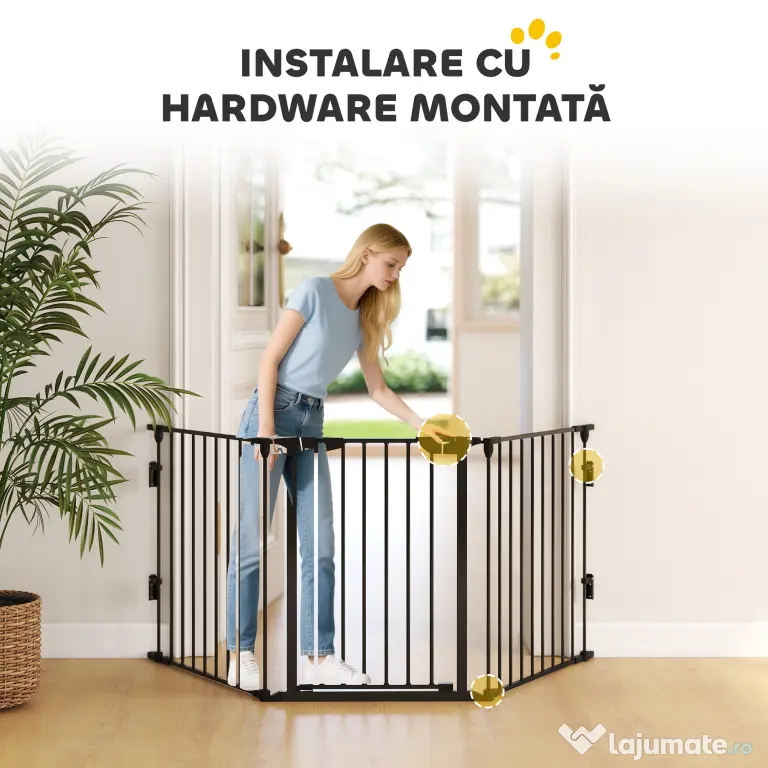 PawHut Poartă pentru Câini de Talie Mică și Medie, Țarc Pliabil cu Structură Modulară cu 5 Panouri, 300x3x74.5 cm, Negru | Aosom Romania