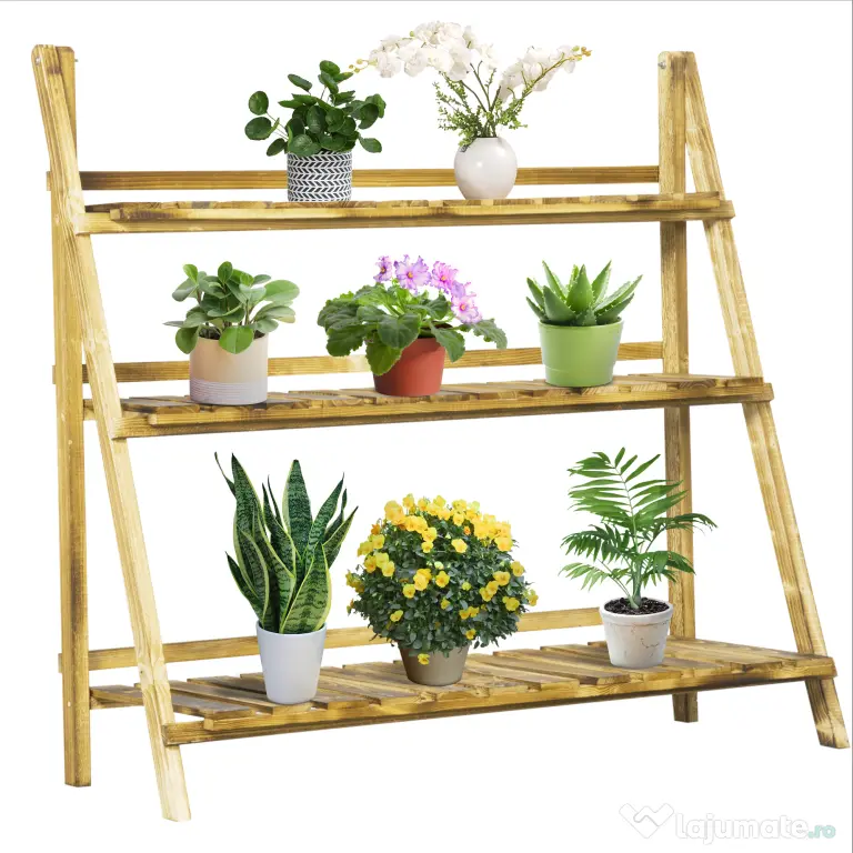 Outsunny Suport Pliabil pentru Plante din Lemn de Brad cu 3 Nivele, 100x37x93 cm, Lemn Natural | Aosom Romania