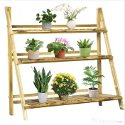 Outsunny Suport Pliabil pentru Plante din Lemn de Brad cu 3 Nivele, 100x37x93 cm, Lemn Natural | Aosom Romania 