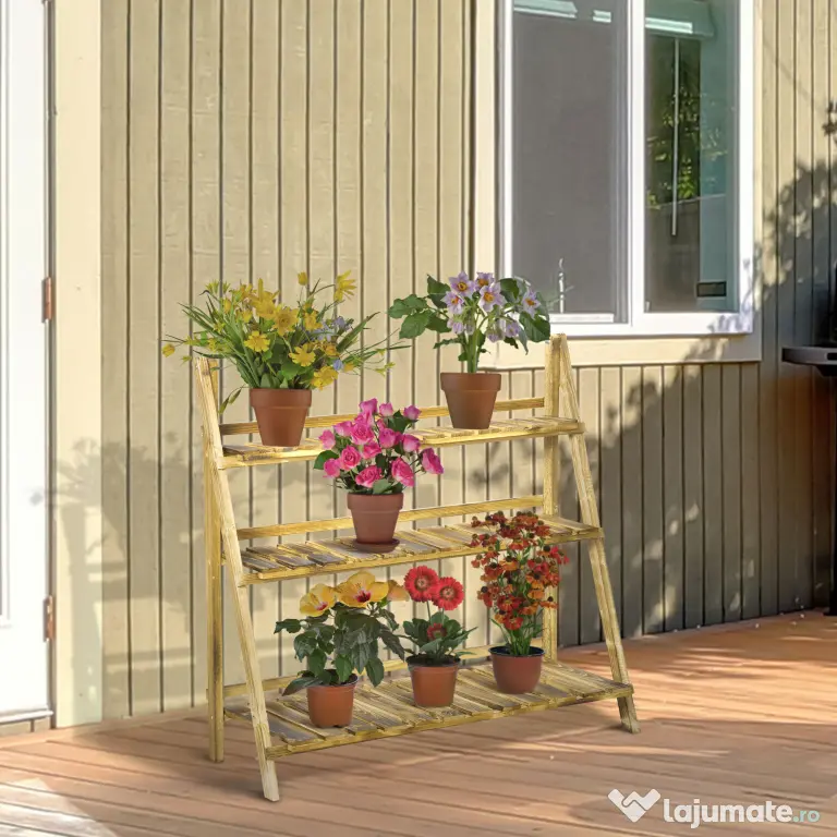 Outsunny Suport Pliabil pentru Plante din Lemn de Brad cu 3 Nivele, 100x37x93 cm, Lemn Natural | Aosom Romania