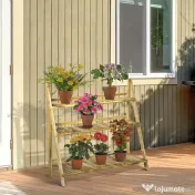 Outsunny Suport Pliabil pentru Plante din Lemn de Brad cu 3 Nivele, 100x37x93 cm, Lemn Natural | Aosom Romania 