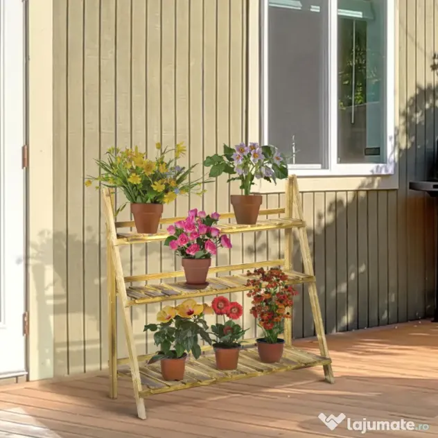 Outsunny Suport Pliabil pentru Plante din Lemn de Brad cu 3 Nivele, 100x37x93 cm, Lemn Natural | Aosom Romania