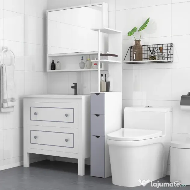HOMCOM Mobilier Coloană Baie, 2 Compartimente, Ușă, 2 Sertare, MDF și Fier, 15x33x140 cm, Alb și Gri | Aosom Romania