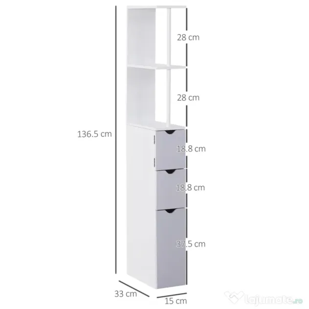 HOMCOM Mobilier Coloană Baie, 2 Compartimente, Ușă, 2 Sertare, MDF și Fier, 15x33x140 cm, Alb și Gri | Aosom Romania