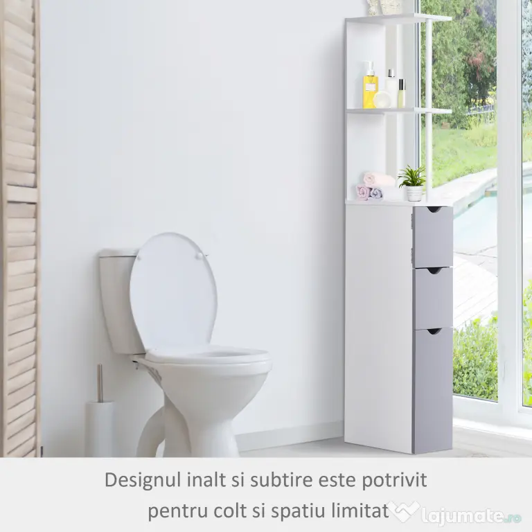HOMCOM Mobilier Coloană Baie, 2 Compartimente, Ușă, 2 Sertare, MDF și Fier, 15x33x140 cm, Alb și Gri | Aosom Romania