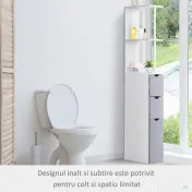 HOMCOM Mobilier Coloană Baie, 2 Compartimente, Ușă, 2 Sertare, MDF și Fier, 15x33x140 cm, Alb și Gri | Aosom Romania 
