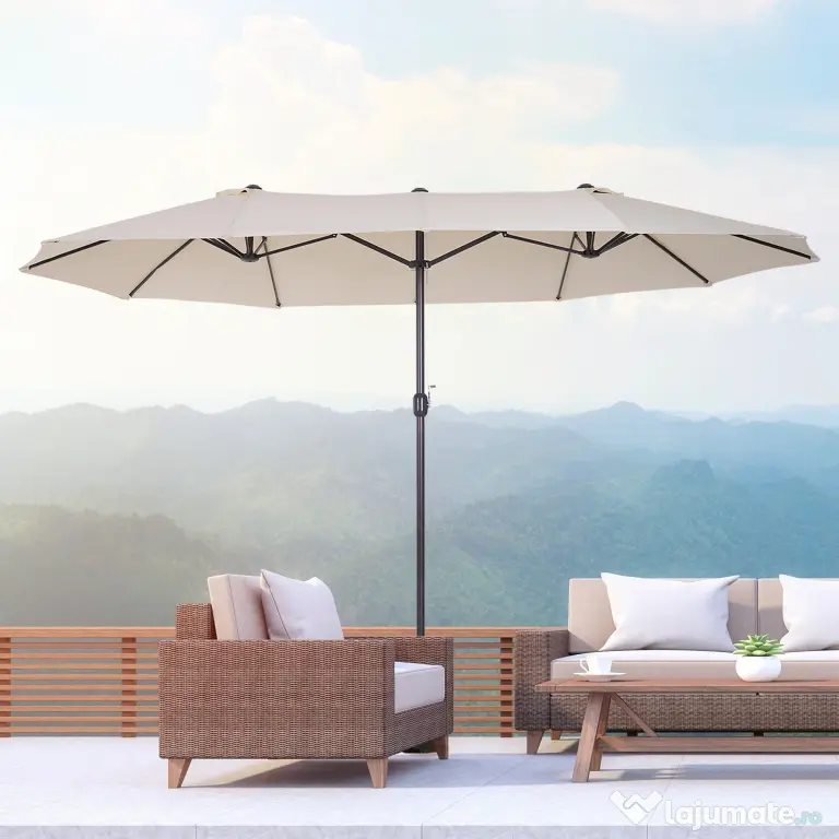 Umbrela de Gradina Impermeabila Outsunny, 12 nervuri metalice Anti-UV Bej, 460x270x240cm | Aosom Romania