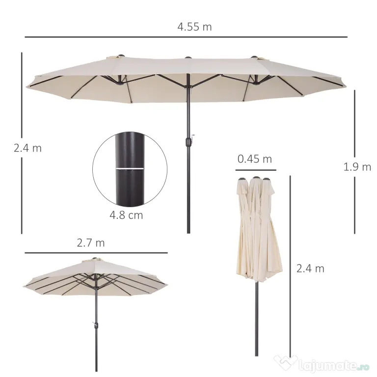 Umbrela de Gradina Impermeabila Outsunny, 12 nervuri metalice Anti-UV Bej, 460x270x240cm | Aosom Romania