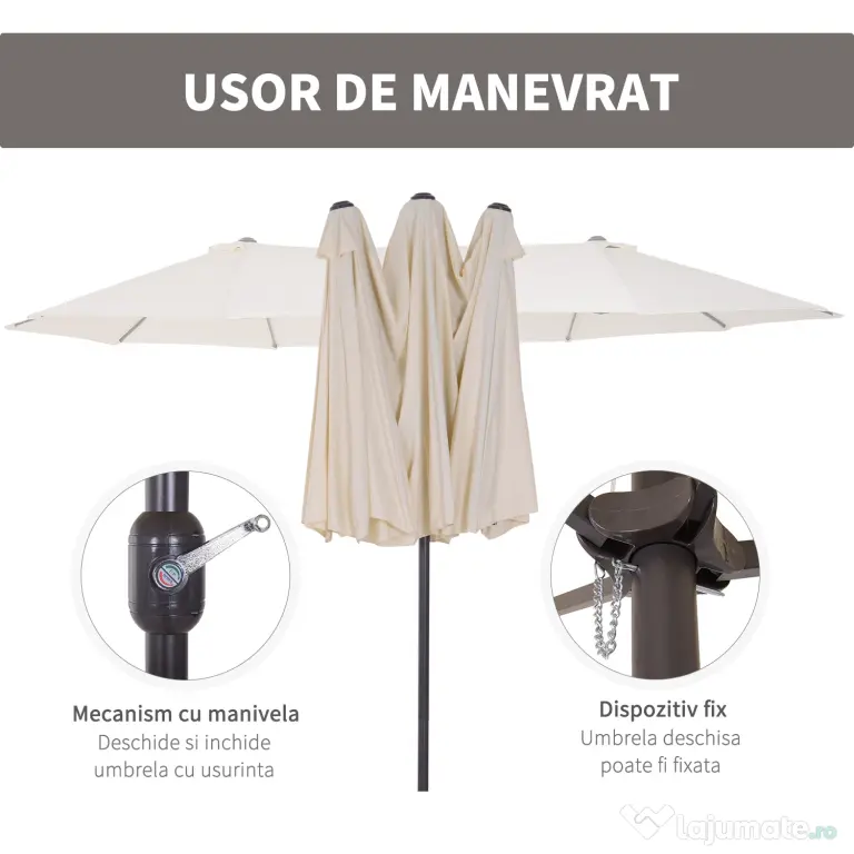 Umbrela de Gradina Impermeabila Outsunny, 12 nervuri metalice Anti-UV Bej, 460x270x240cm | Aosom Romania