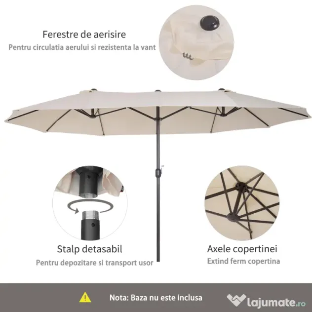 Umbrela de Gradina Impermeabila Outsunny, 12 nervuri metalice Anti-UV Bej, 460x270x240cm | Aosom Romania