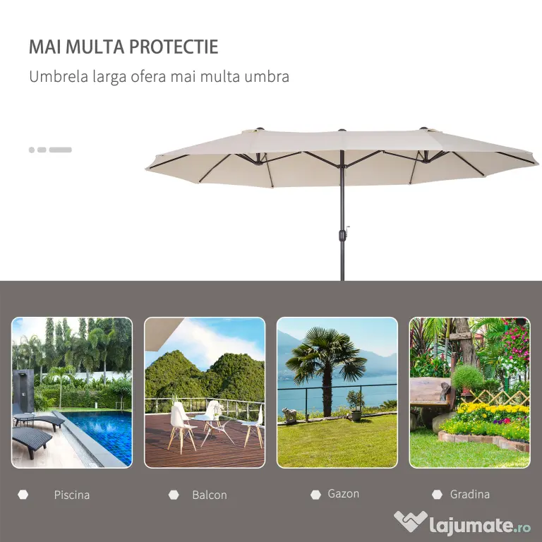 Umbrela de Gradina Impermeabila Outsunny, 12 nervuri metalice Anti-UV Bej, 460x270x240cm | Aosom Romania