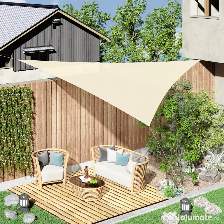 Outsunny Cort Parasolar Triunghiular Protecție UV, Ideal pentru Grădină, Terasă, Piscină, Alb Crem, 3x3x3m | Aosom Romania
