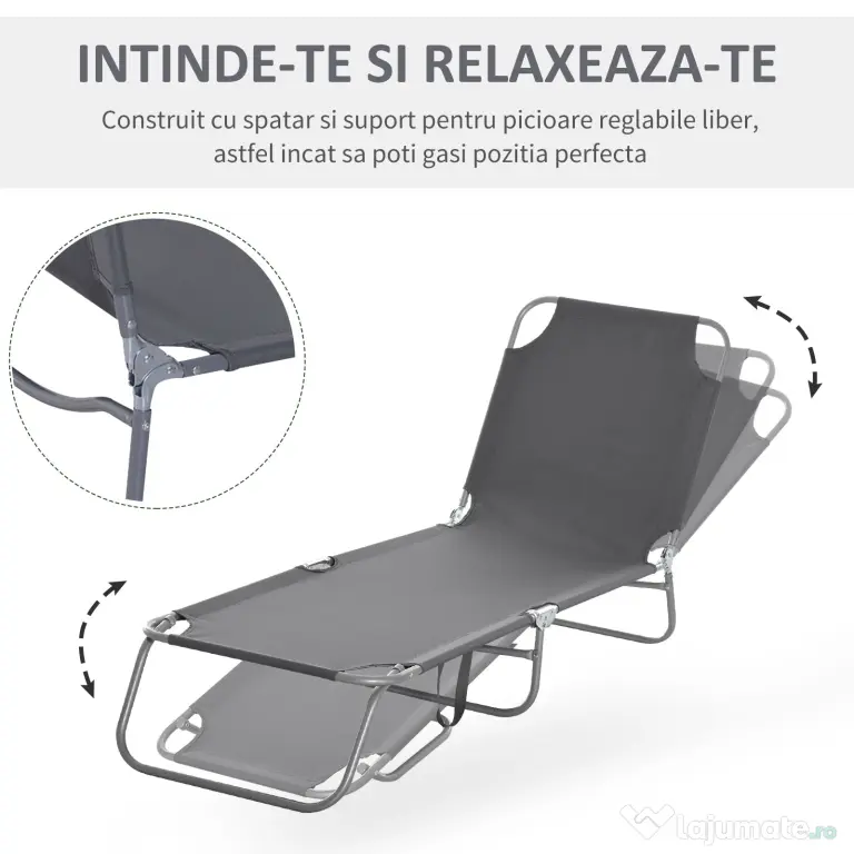 Outsunny Sezlong Pliabil pentru Grădină, Structură Metalică și Țesătură Oxford, Gri | Aosom Romania