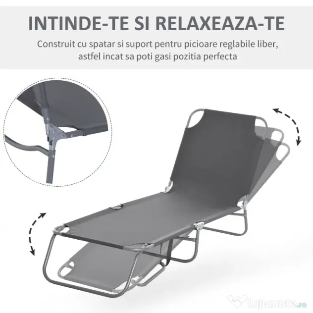 Outsunny Sezlong Pliabil pentru Grădină, Structură Metalică și Țesătură Oxford, Gri | Aosom Romania