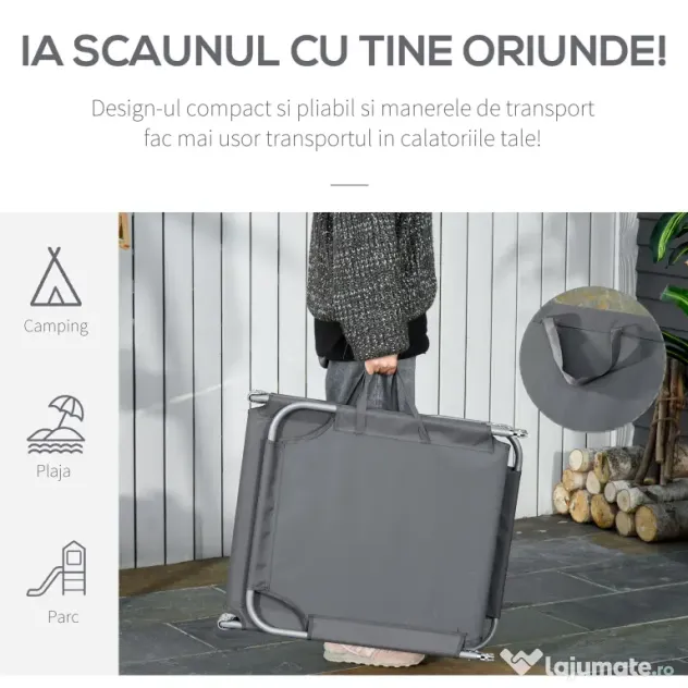 Outsunny Sezlong Pliabil pentru Grădină, Structură Metalică și Țesătură Oxford, Gri | Aosom Romania