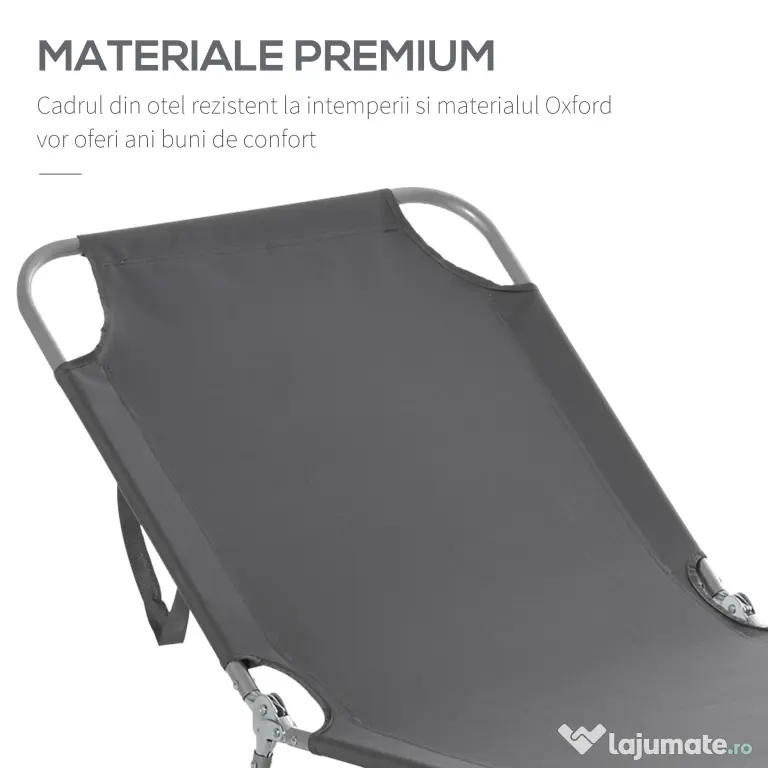 Outsunny Sezlong Pliabil pentru Grădină, Structură Metalică și Țesătură Oxford, Gri | Aosom Romania
