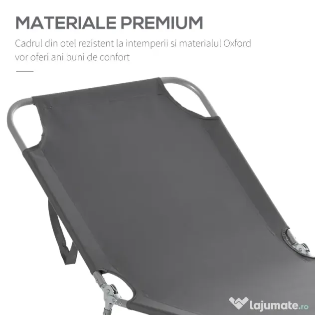 Outsunny Sezlong Pliabil pentru Grădină, Structură Metalică și Țesătură Oxford, Gri | Aosom Romania