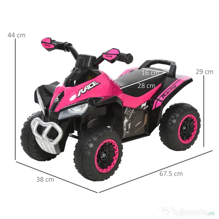 ATV Jucarie pentru copii Ride On cu lumini si sunete HOMCOM, miscare prin impingere varsta recomandata 18-36 luni, roz, 67,5x38x 44cm | Aosom Romania