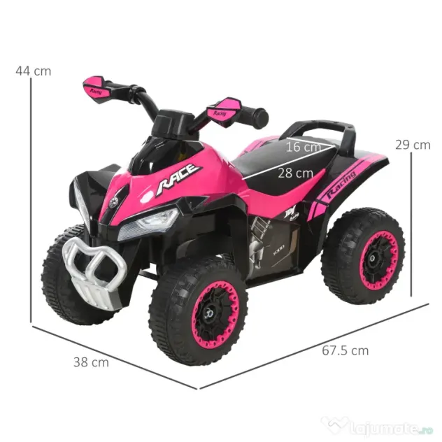 ATV Jucarie pentru copii Ride On cu lumini si sunete HOMCOM, miscare prin impingere varsta recomandata 18-36 luni, roz, 67,5x38x 44cm | Aosom Romania