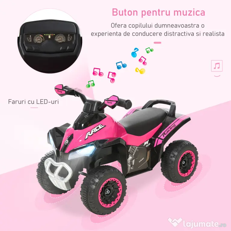 ATV Jucarie pentru copii Ride On cu lumini si sunete HOMCOM, miscare prin impingere varsta recomandata 18-36 luni, roz, 67,5x38x 44cm | Aosom Romania