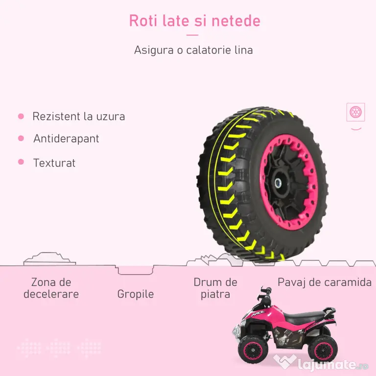 ATV Jucarie pentru copii Ride On cu lumini si sunete HOMCOM, miscare prin impingere varsta recomandata 18-36 luni, roz, 67,5x38x 44cm | Aosom Romania