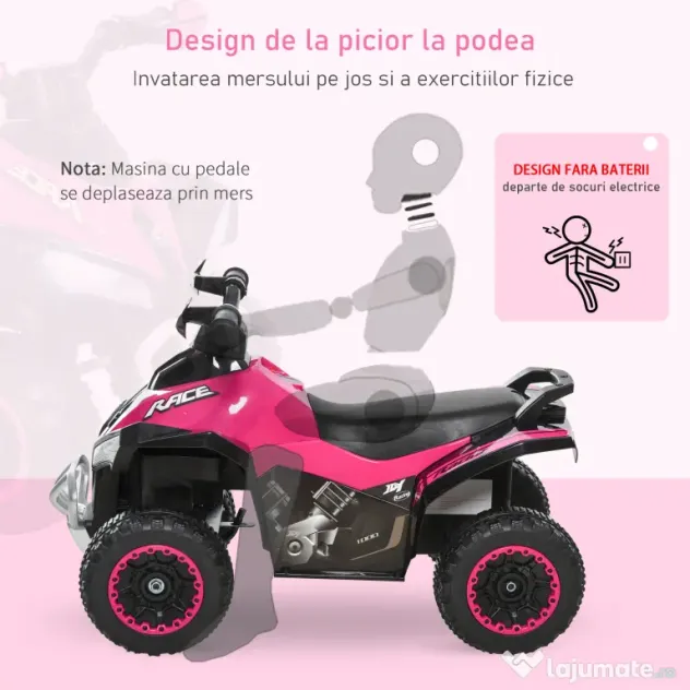 ATV Jucarie pentru copii Ride On cu lumini si sunete HOMCOM, miscare prin impingere varsta recomandata 18-36 luni, roz, 67,5x38x 44cm | Aosom Romania