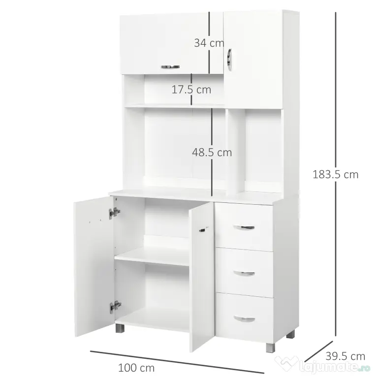 Homcom Bufet Înalt pentru Bucătărie, Dulap cu Sertare și Dulapioare, Rafturi Deschise pentru Microunde, 100x39.5x183.5cm, Alb | Aosom Romania