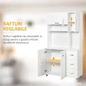 Homcom Bufet Înalt pentru Bucătărie, Dulap cu Sertare și Dulapioare, Rafturi Deschise pentru Microunde, 100x39.5x183.5cm, Alb | Aosom Romania 