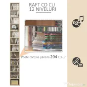 HOMCOM Bibliotecă Mobilă pentru CD-uri cu 12 Rafturi pentru 204 CD-uri, din MDF și PAL, 21x20x175 cm, culoare Lemn 