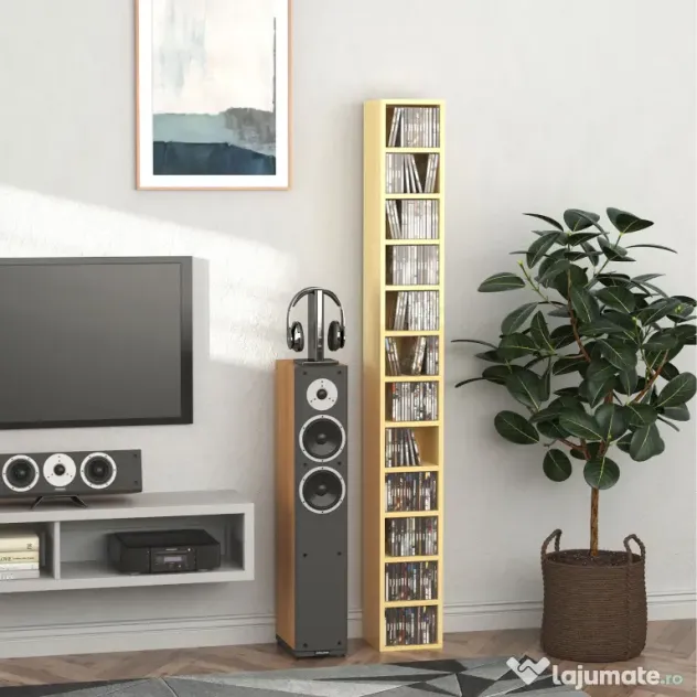 HOMCOM Dulap Biblioteca Suport CD-uri cu 12 Rafturi pentru 204 CD-uri, Raft Biblioteca din MDF si PAL, 21x20x175 cm, Lemn natural