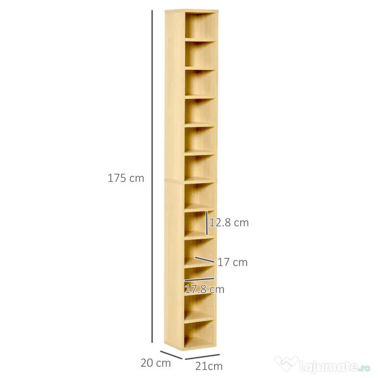 HOMCOM Dulap Biblioteca Suport CD-uri cu 12 Rafturi pentru 204 CD-uri, Raft Biblioteca din MDF si PAL, 21x20x175 cm, Lemn natural