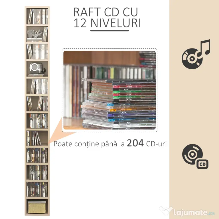 HOMCOM Dulap Biblioteca Suport CD-uri cu 12 Rafturi pentru 204 CD-uri, Raft Biblioteca din MDF si PAL, 21x20x175 cm, Lemn natural