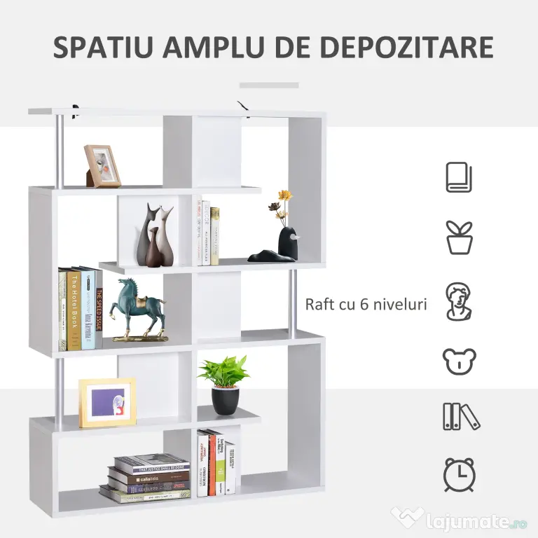 Homcom raft cărți, 5 Niveluri in Lemn, cu două curele anti-basculare în spate, 120x28.6x160cm, Alb | Aosom Romania