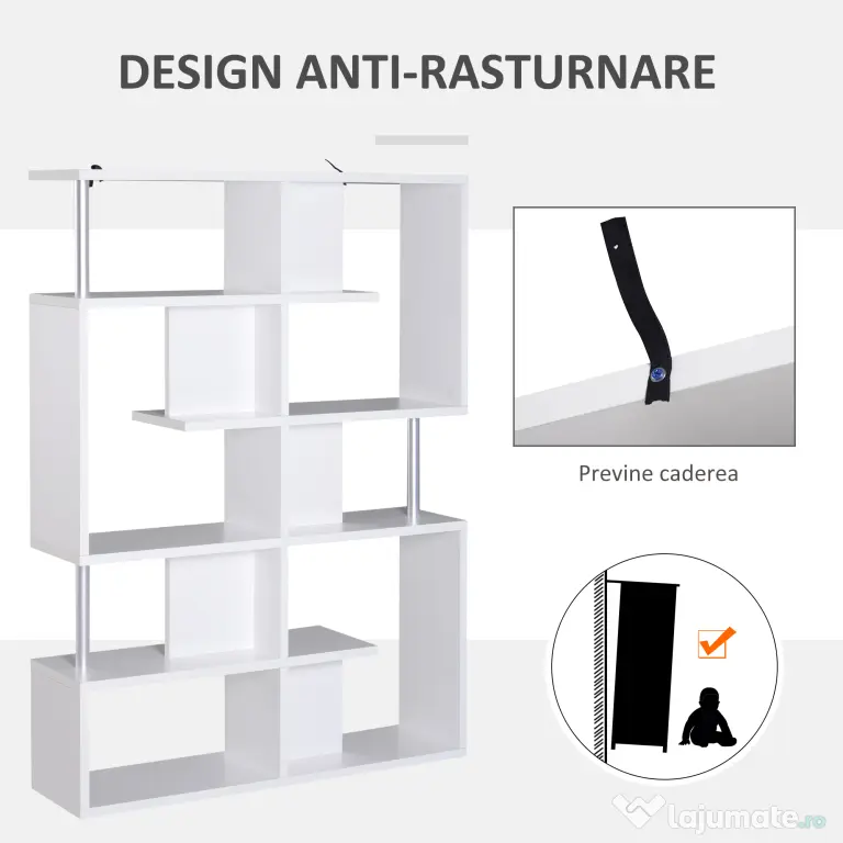 Homcom raft cărți, 5 Niveluri in Lemn, cu două curele anti-basculare în spate, 120x28.6x160cm, Alb | Aosom Romania