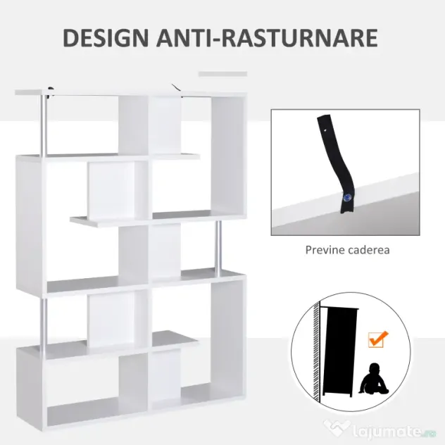 Homcom raft cărți, 5 Niveluri in Lemn, cu două curele anti-basculare în spate, 120x28.6x160cm, Alb | Aosom Romania