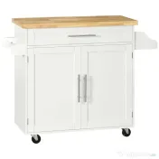 Carucior de bucatarie cu sertar și dulap, 4 roti din care 2 cu frana, lemn, 109x40x89cm, alb HOMCOM | Aosom Romania 