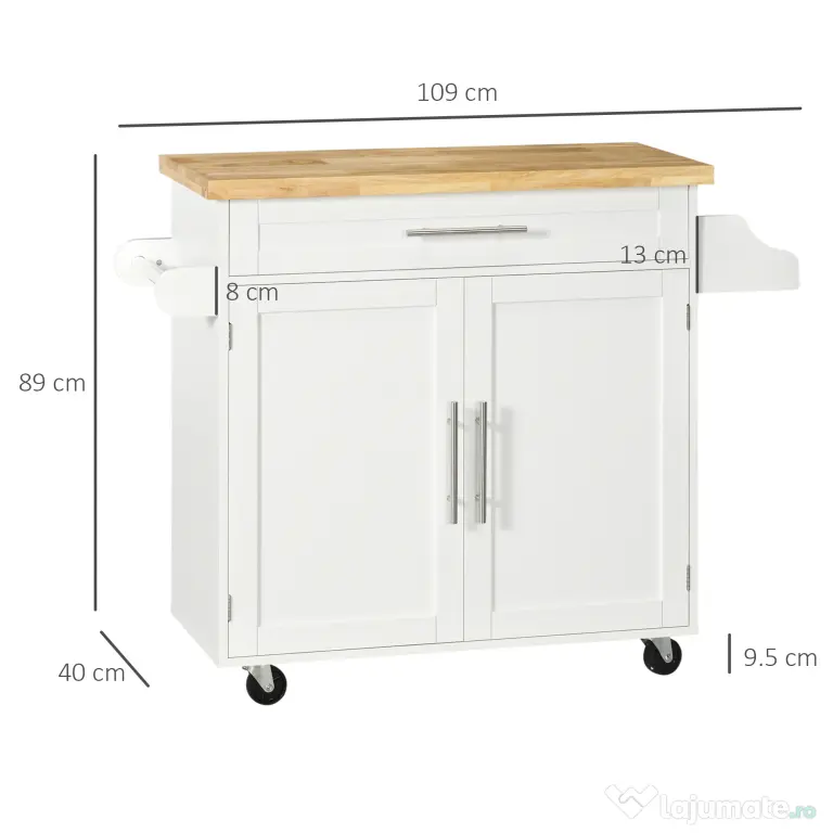 Carucior de bucatarie cu sertar și dulap, 4 roti din care 2 cu frana, lemn, 109x40x89cm, alb HOMCOM | Aosom Romania