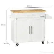 Carucior de bucatarie cu sertar și dulap, 4 roti din care 2 cu frana, lemn, 109x40x89cm, alb HOMCOM | Aosom Romania 