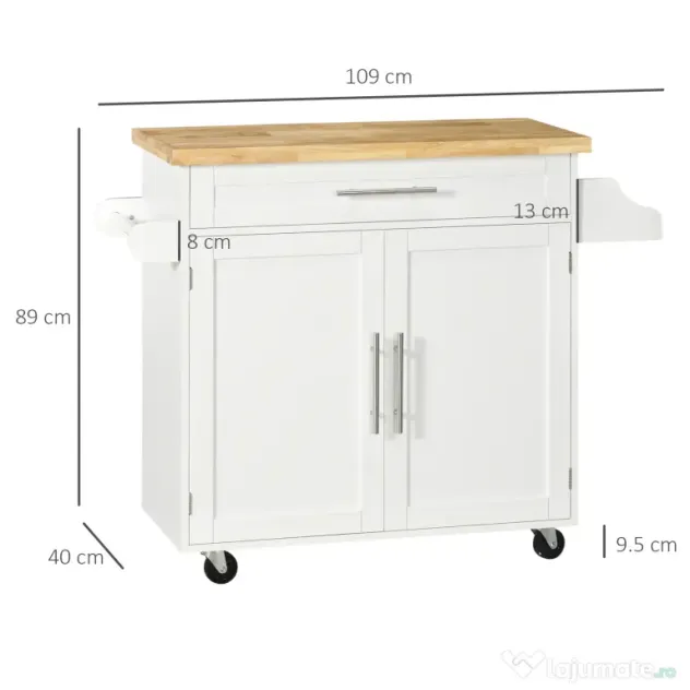 Carucior de bucatarie cu sertar și dulap, 4 roti din care 2 cu frana, lemn, 109x40x89cm, alb HOMCOM | Aosom Romania