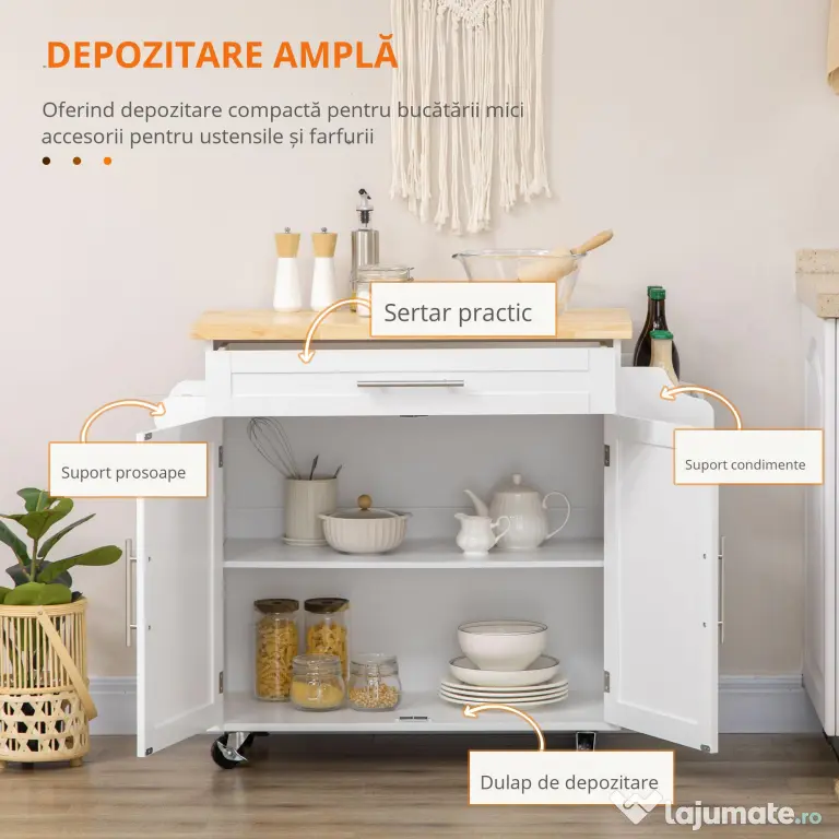 Carucior de bucatarie cu sertar și dulap, 4 roti din care 2 cu frana, lemn, 109x40x89cm, alb HOMCOM | Aosom Romania