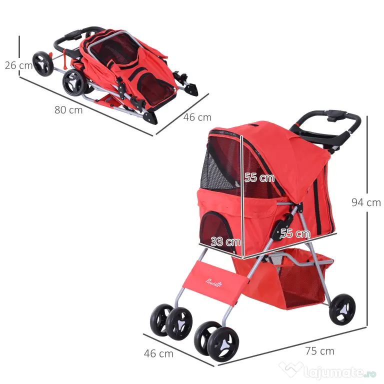 PawHut Cărucior Pliabil pentru Animale de Companie, Design Ergonomic, Roșu, 75x46x94cm | Aosom Romania