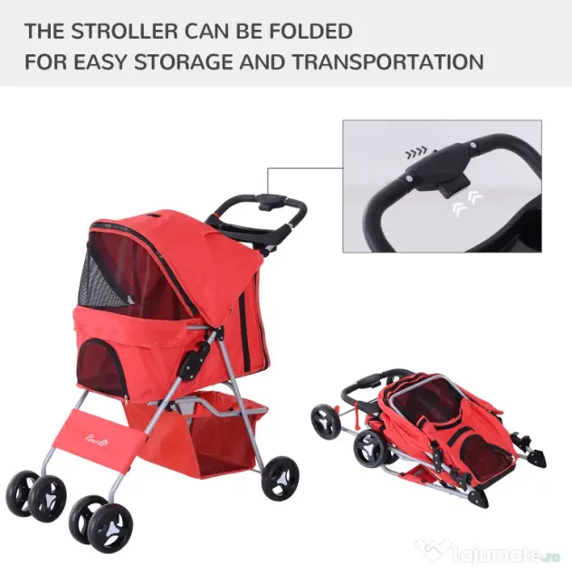 PawHut Cărucior Pliabil pentru Animale de Companie, Design Ergonomic, Roșu, 75x46x94cm | Aosom Romania
