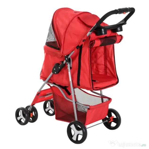 PawHut Cărucior Pliabil pentru Animale de Companie, Design Ergonomic, Roșu, 75x46x94cm | Aosom Romania
