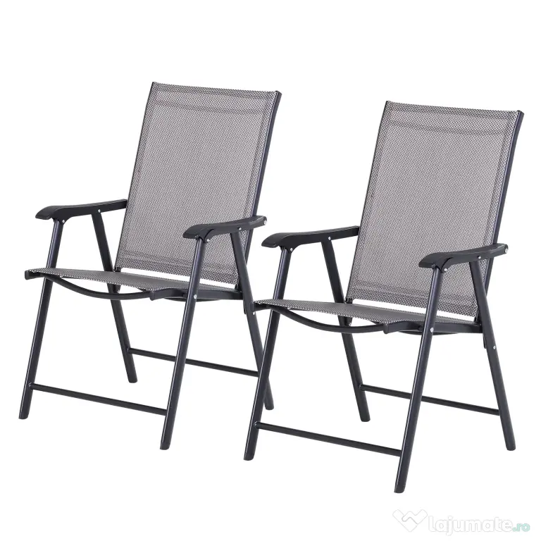 Set de 2 Scaune Pliabile Outsunny pentru Exterior,Otel si Textilen, Gri si Negru | Aosom Romania