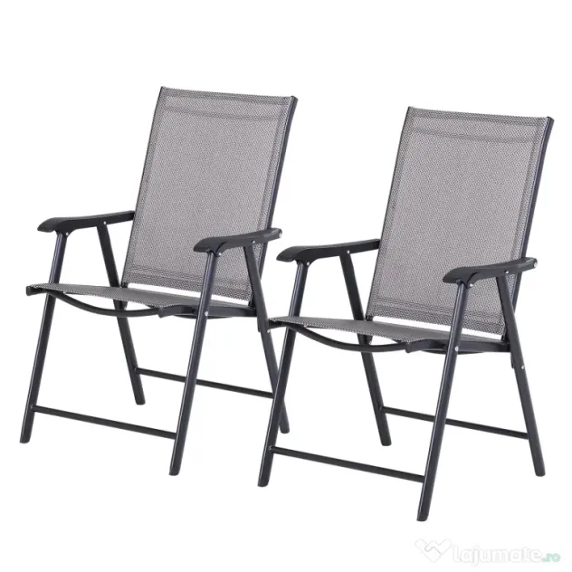 Set de 2 Scaune Pliabile Outsunny pentru Exterior,Otel si Textilen, Gri si Negru | Aosom Romania