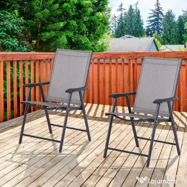 Set de 2 Scaune Pliabile Outsunny pentru Exterior,Otel si Textilen, Gri si Negru | Aosom Romania