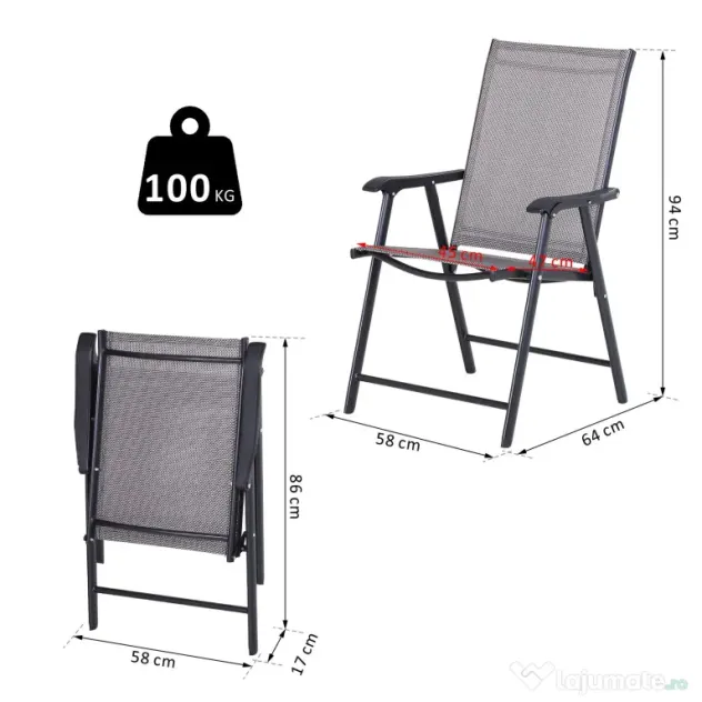 Set de 2 Scaune Pliabile Outsunny pentru Exterior,Otel si Textilen, Gri si Negru | Aosom Romania
